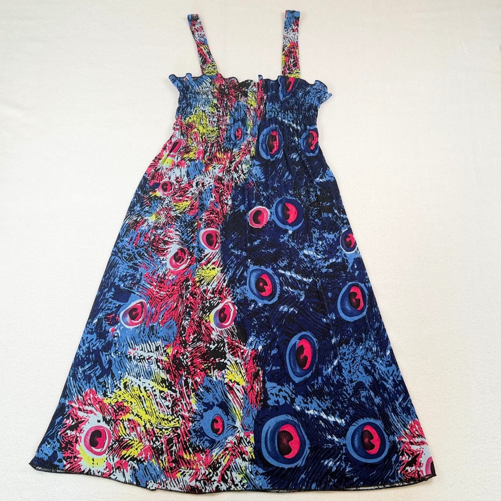 Ace Fashion Peacock Print Smocked Midi Dress Blue Pink Yellow Abstract Size S